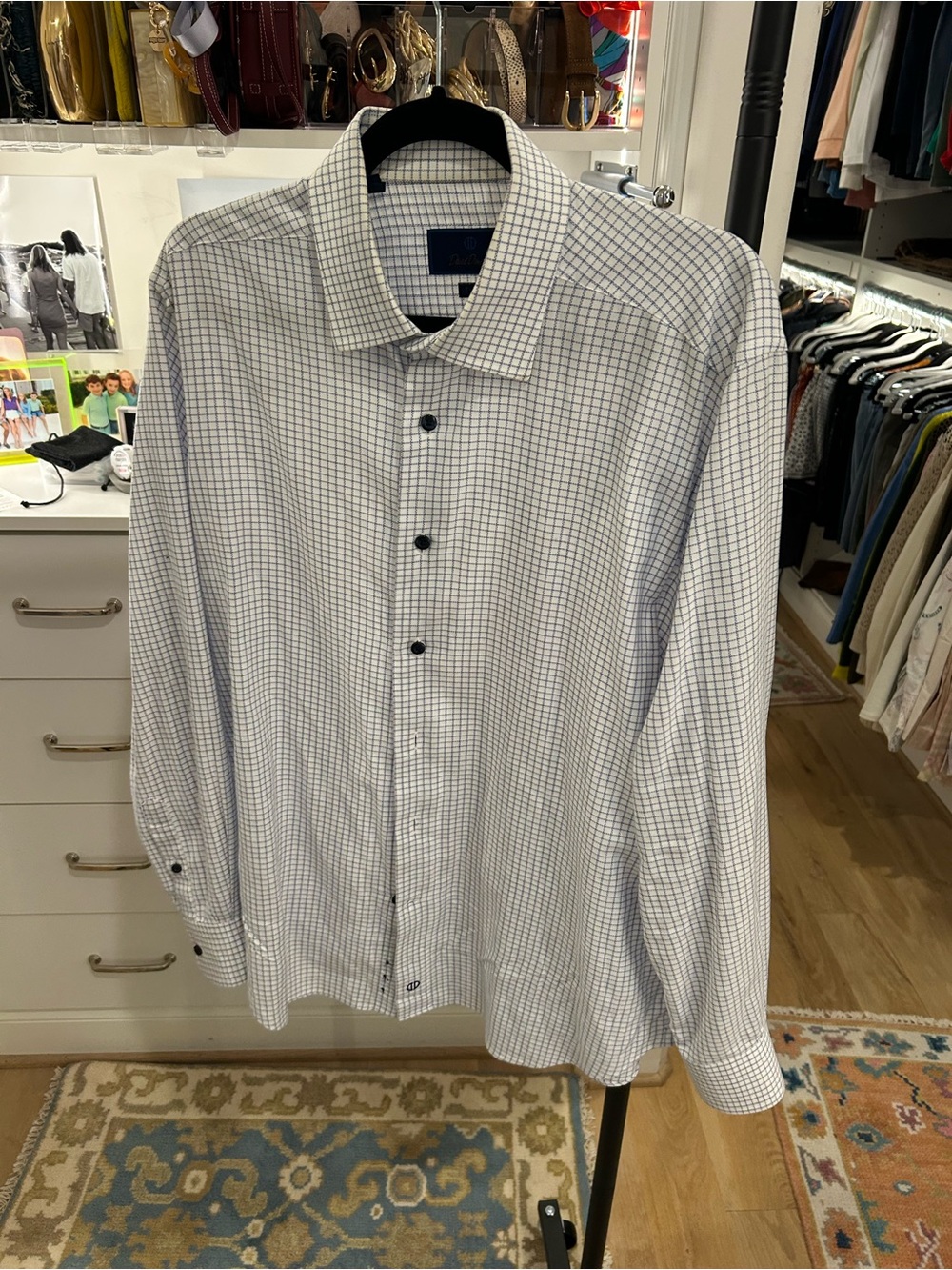 David Donahue White Shirt with Blue Windowpane Check 17 34/35 trim fit